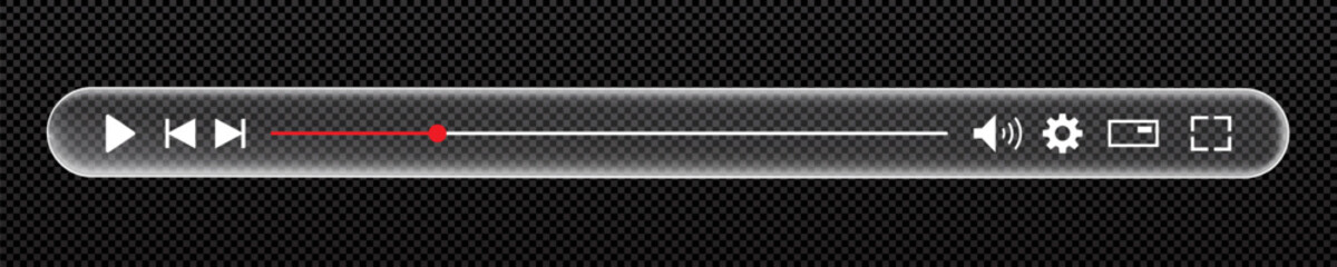 Video player bar template glass morphism style on checkered background with button play, timelime. Audio player for songs, podcast playlist