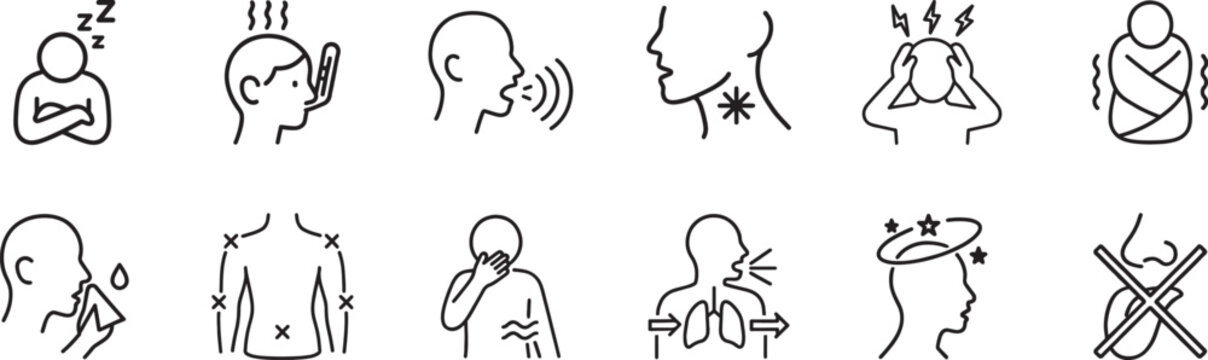 Symptoms infection icon set with health, disease, virus, and medical thin line vector symbols.