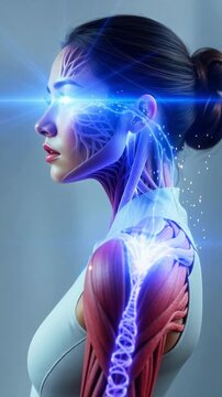 Science in Medicine. Profile of a young woman, quantum chip implant on her neck and upper arm, neural interface overlay, cybernetic augmentation, transhumanism, medical technology