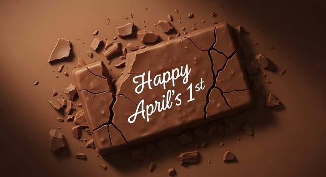 Chocolate bar with happy april fools' day message on a brown background