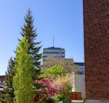 Spring blooming trees and a red brick wall framing Blocket (Sk&aring;nes Universitetssjukhus) under a clear blue sky