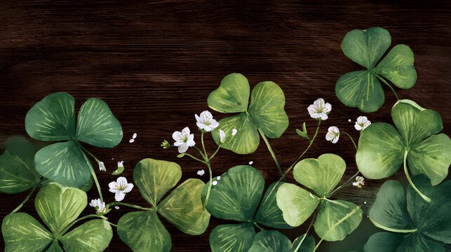 Elegant watercolor shamrocks and blossoms on dark wood evoke spring&rsquo;s gentle beauty