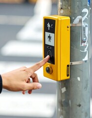 Person pressing a yellow pedestrian crossing button