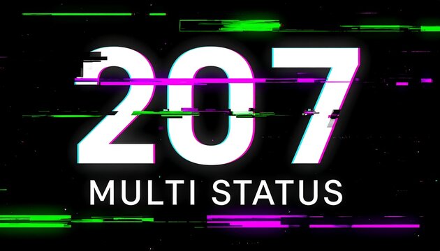 Glitch style digital display presenting 207 Multi Status HTTP status code with neon distortion on dark background wallpaper