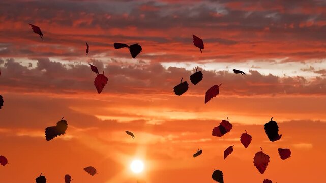 Cinematic Autumn Leaves Falling and Blowing in the Wind Against a Vibrant Orange Sunset Sky