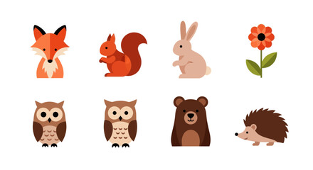 Cartoon forest animals and flower collection © AloyChips