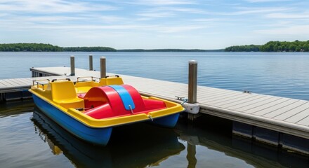 Fototapeta premium Bright pedal boat docked at pier on calm lake. Yellow and red pedal boat waits for water activity, reflecting blue sky and tranquil surface. Scenic pedal boat for summer vacation, outdoor leisure,