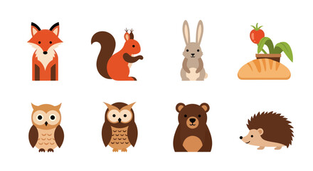 Fototapeta premium Cartoon forest animals and food illustration