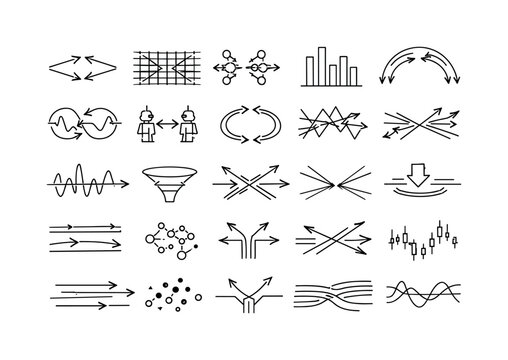 Line vector icons of HFT micro-conflict systems: split-moment arrows, latency-race grids, order-collision nodes, ultra-short