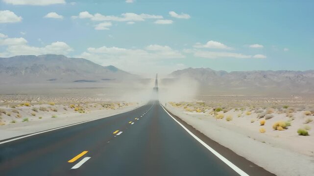 Desert highway stretching into the distance under a bright blue sky, showcasing vast expanse and open road travel.
