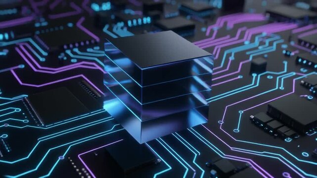 Glowing blue microchip on a circuit board with neon-like pathways and microprocessors in the background, representing technology and innovation