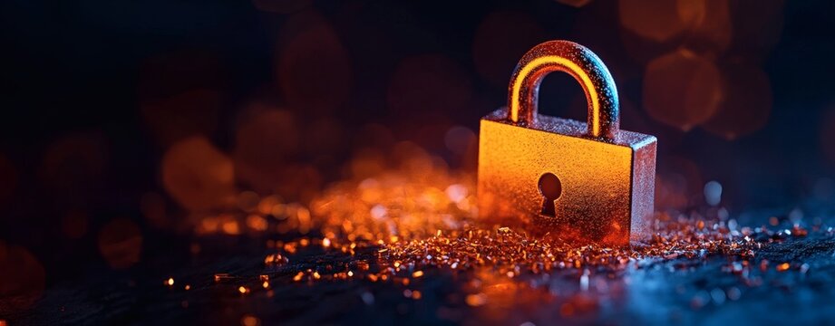 Glowing padlock on dark digital background representing cyber security, encryption and data protection in modern technology networks.