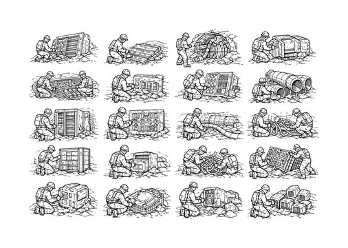 Line vector icons of futuristic archaeologists studying ancient tech ruins: unearthed mainframes, sediment-layered boards,