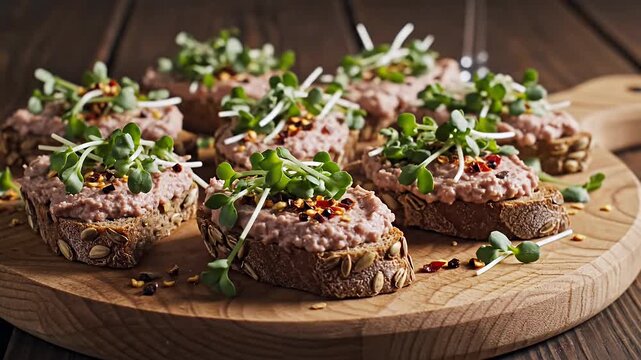 Canap&eacute;s with pate and sprouts on wooden board