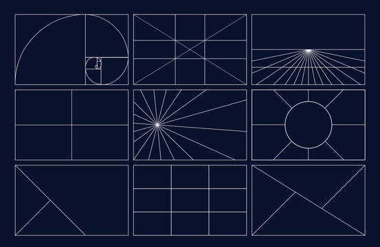Composition Proportions guidelines set, attention spot of rule of thirds template in 16 by 9 ratio monitor display. Rule of thirds mockup on dark background.