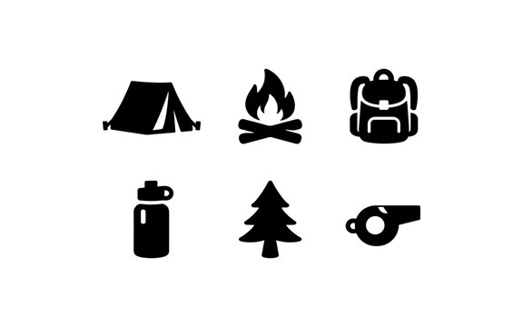 Collection of camping and outdoor adventure icons including tent, campfire, backpack, water bottle, tree, and whistle