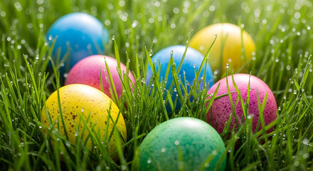 Colorful Easter eggs nestled in a lush green grassy field with dew drops sparkling in sunlight