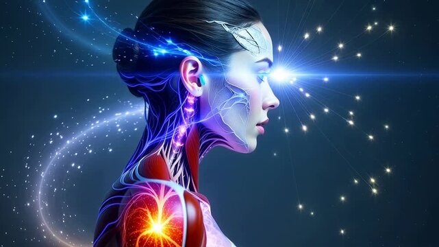Science in Medicine. Profile of a young woman, quantum chip implant on her neck and upper arm, neural interface overlay, cybernetic augmentation, transhumanism, medical technology