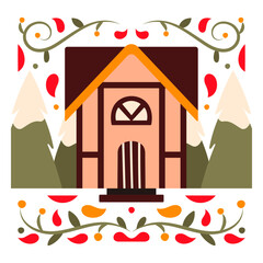 Obraz premium Pink cabin in the mountains flat