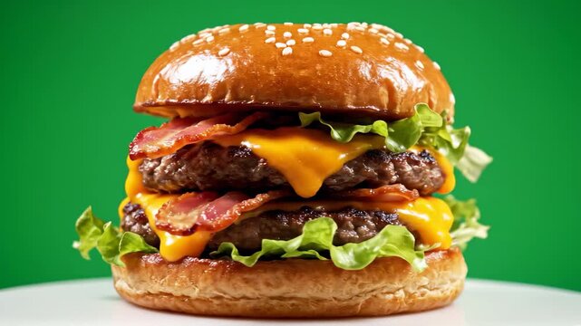 Slow motion 4k video footage of juicy cheeseburger with bacon and fresh lettuce on green background