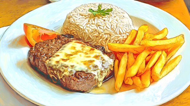 Brazilian Parmegiana Beef Illustration Delicious Comfort Food Rice Fries Warm Light Plate High Detail Art