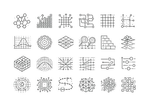 Line vector icons of digital matter composed of indivisible pixels: pixel nodes, raster-field bars, subpixel dots, render-flow