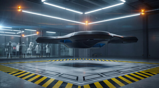 Futuristic black drone hovering over landing pad in high tech laboratory with scientists