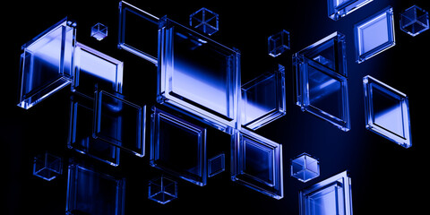 Cyber elements made of transparent glass and liquid acrylic purple blue glow on black backdrop cinematic tech background design cover art visuals 3d rendering © IM_VISUALS
