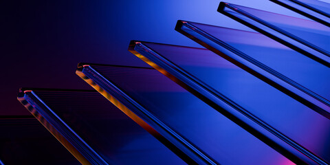 Cyber elements made of transparent glass and liquid acrylic purple blue glow on black backdrop cinematic tech background design cover art visuals 3d rendering © IM_VISUALS