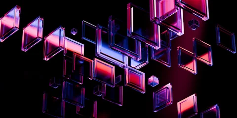 Cyber elements made of transparent glass and liquid acrylic purple blue glow on black backdrop cinematic tech background design cover art visuals 3d rendering © IM_VISUALS