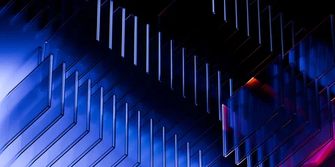 Cyber elements made of transparent glass and liquid acrylic purple blue glow on black backdrop cinematic tech background design cover art visuals 3d rendering © IM_VISUALS