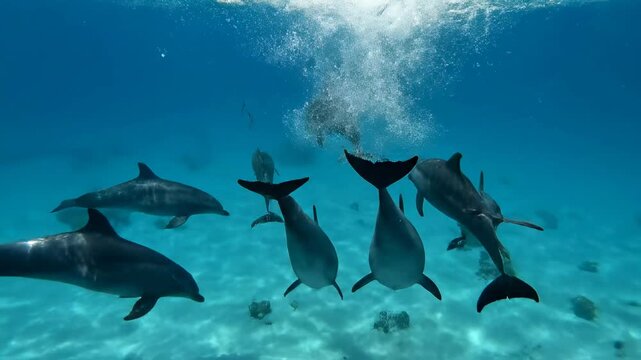 A pod of dolphins jumps near the surface of the sea in clear blue water 