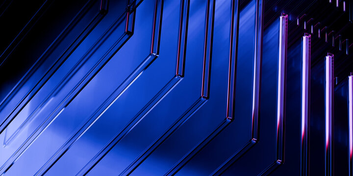 Cyber elements made of transparent glass and liquid acrylic purple blue glow on black backdrop cinematic tech background design cover art visuals 3d rendering