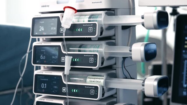 Modern hospital medication delivery system featuring digital screens displaying dosage information for Propofol and Fentanyl on an advanced medical device