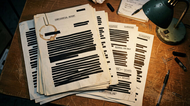 Heavily redacted confidential documents with coffee stain on wooden desk