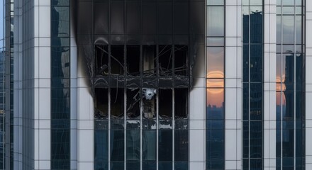 Building fire devastation on modern skyscraper facade, blackened windows. Extensive building fire impact visible across multiple levels, charred structure. Building fire concept for emergency,