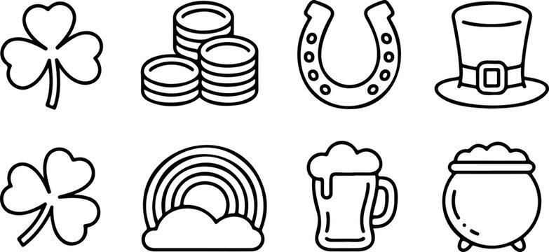 Saint Patricks day icons shamrock coin horseshoe top hat beer pot rainbow