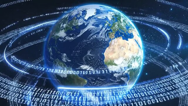 Digital data streams encircle the planet in a cosmic expanse