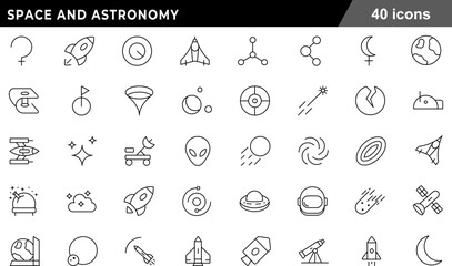 Space and Astronomy Thin Line Icons Set Cosmic Exploration, Planetary Science, Rocket Ships, Celestial Phenomena and Galactic Symbols for Scientific Discovery © Jamal