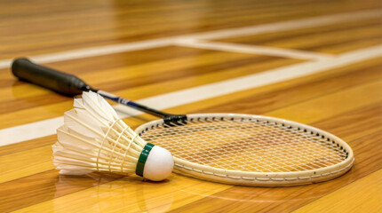 Badminton racket and shuttlecock on wooden indoor court, close up