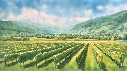 Naklejka premium Serene Trentino vineyard landscape watercolor painting evokes peaceful alpine valley beauty