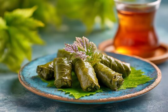 Stuffed grape leaves dolma arranged ceramic plate background of lush green Rize tea gardens calm natural mood