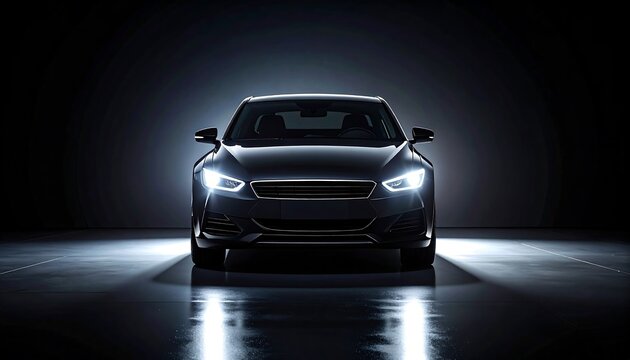 Modern car front view with LED headlights in dark studio setting