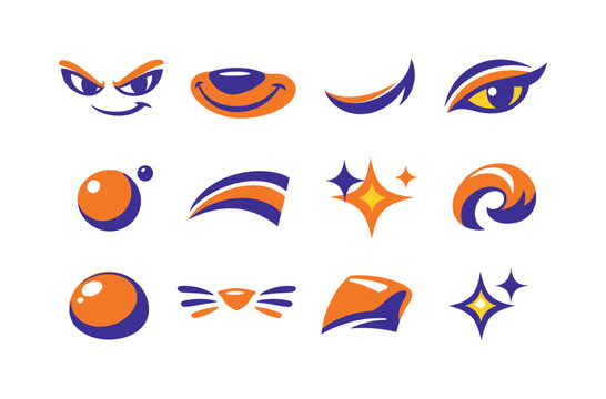 Two-Color vector icons of sly expressions: narrow brow, curved snout, sly arc, contour flick, tiny bead, arc stripe, shine spark,