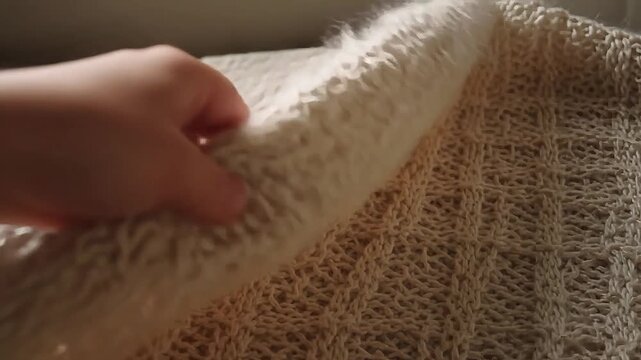 Soft beige knitted fabric with intricate texture and pattern