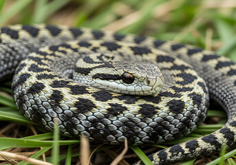 Fototapeta premium Intricate close-up portrait of a coiled European adder snake with detailed scales and striking black and yellow patterns, isolated on a transparent background, showcasing its reptilian beauty and wild