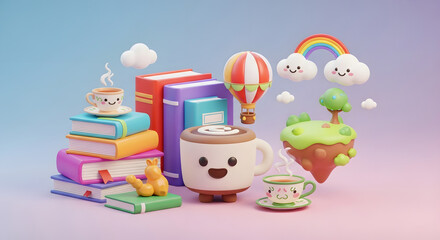 Obraz premium Whimsical coffee cup and books with cartoon elements