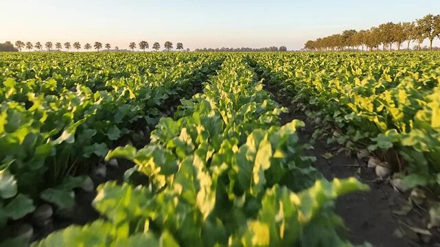 Rows of root vegetables grow in a vast agricultural field under a clear sky