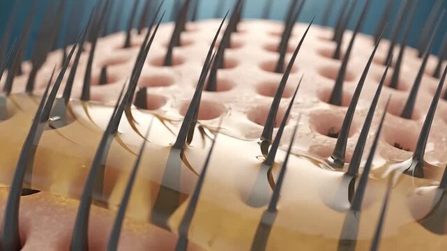 Close-up view of hair follicles with a topical treatment being applied to the scalp
