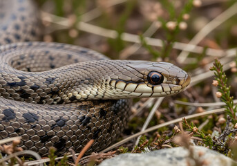 Extreme macro photograph of a smooth snake's head with intricate scale detail and dark eyes, captured in sharp focus isolated on a transparent background, highlighting its delicate features and wild e